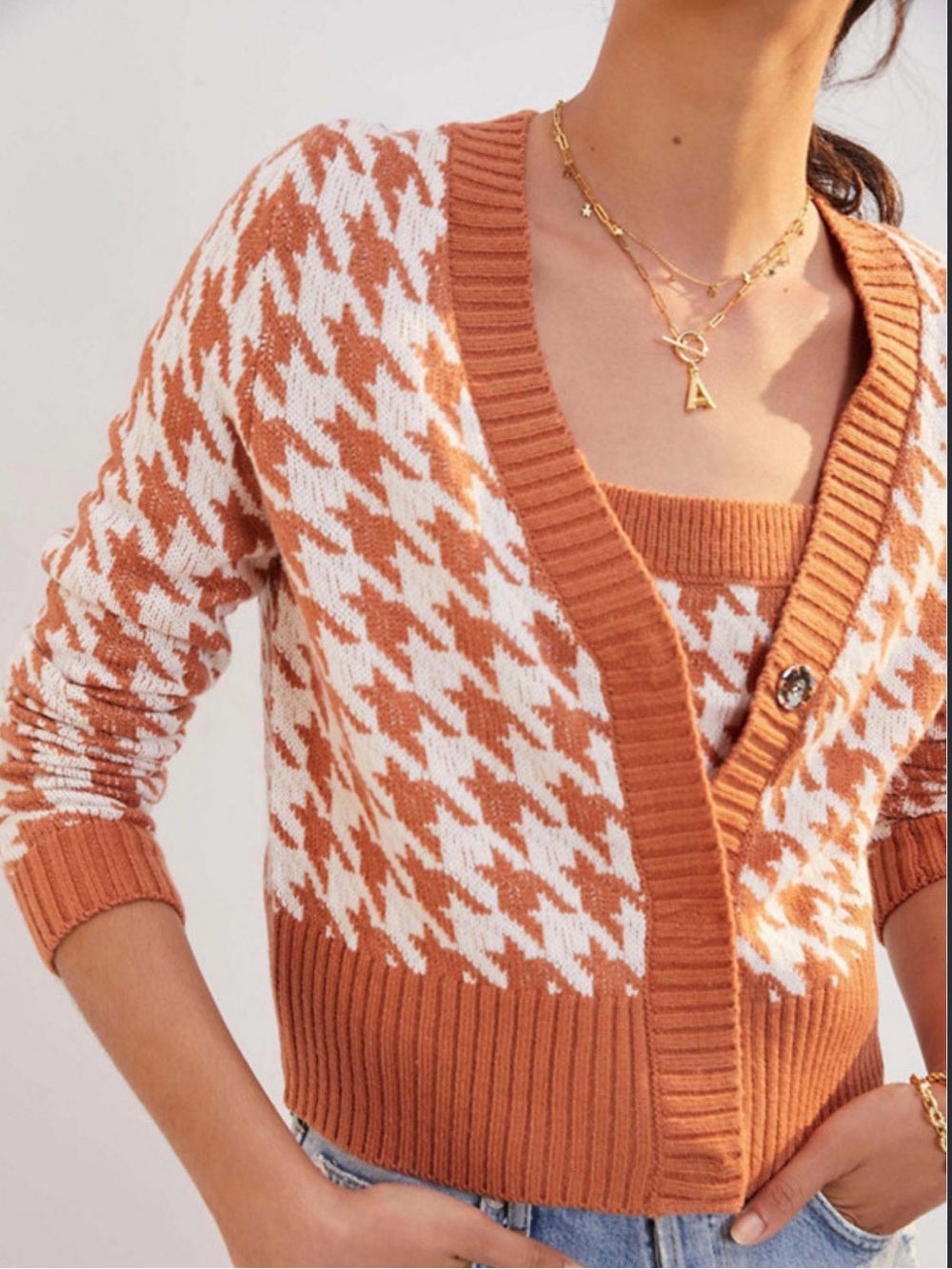 525 America Rust and White Houndstooth V‑Neck Cardigan